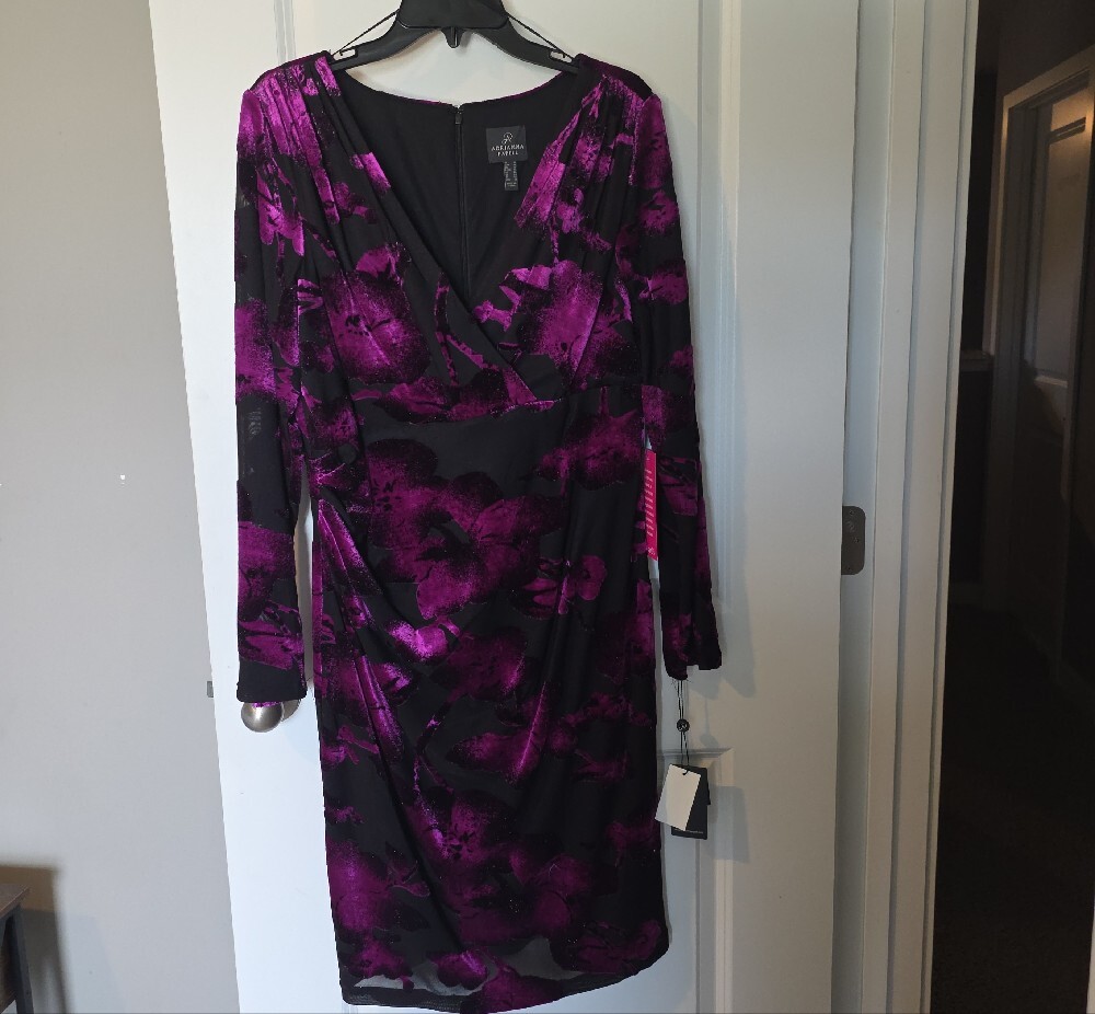 Adrianna Papell Black and Purple Floral Wrap-Style Long Sleeve Dress - Picture 5 of 13